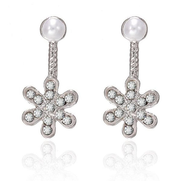 E626 Silver Rhinestone Flower with Pearl Earrings - Iris Fashion Jewelry