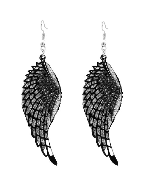 E1097 Black Silver Glitter Wing Earrings - Iris Fashion Jewelry