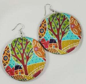 E1267 Large Round Wooden Farmland Earrings - Iris Fashion Jewelry