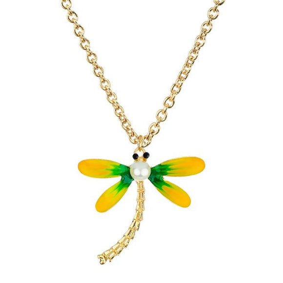 N1017 Gold Yellow Green Dragonfly with Pearl Necklace FREE Earrings - Iris Fashion Jewelry