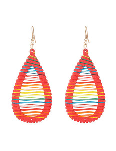 E1402 Red Wooden Teardrop with Multi String Earrings - Iris Fashion Jewelry