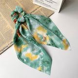 H539 Sage Green Print Hair Scrunchie with Large Bow - Iris Fashion Jewelry