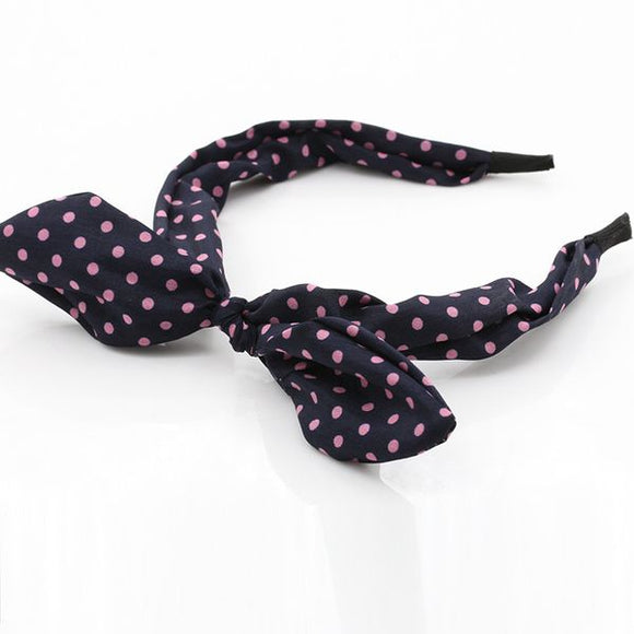 H638 Navy Blue Pink Polka Dots Fabric Covered Head Band with Bow - Iris Fashion Jewelry