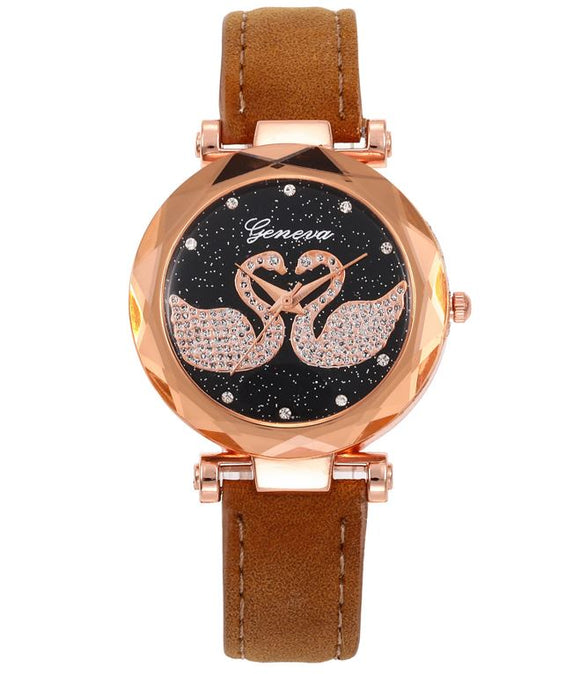 W415 Brown Band Rhinestone Swans Collection Quartz Watch - Iris Fashion Jewelry