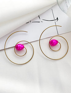 E155 Gold Hot Pink Bead Spiral Earrings - Iris Fashion Jewelry