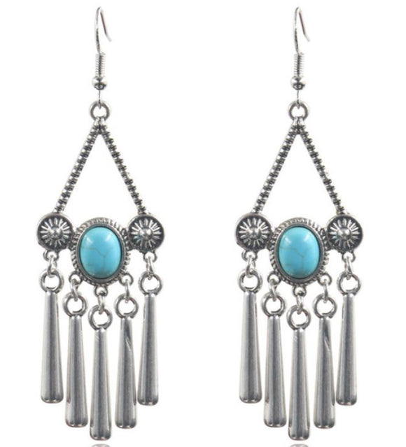 E610 Silver Tassel Turquoise Stone Earrings - Iris Fashion Jewelry