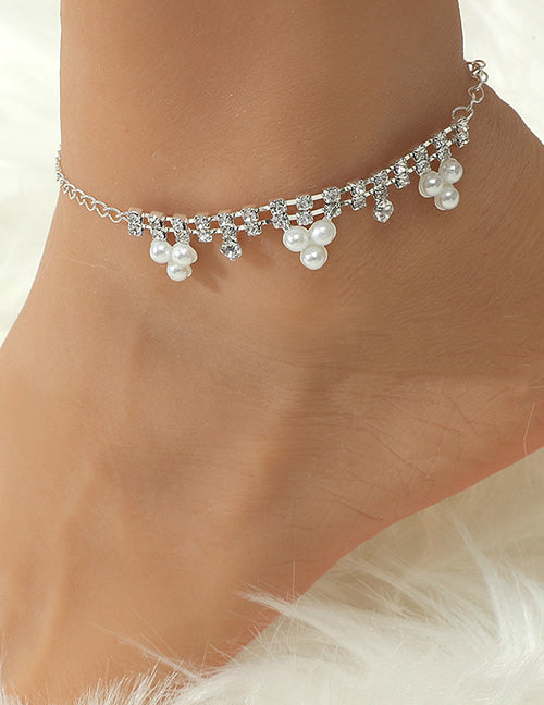 B1167 Silver Rhinestone Pearl Cluster Ankle Bracelet - Iris Fashion Jewelry