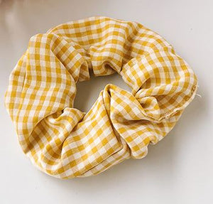 H778 Yellow & White Checkered Hair Scrunchie - Iris Fashion Jewelry