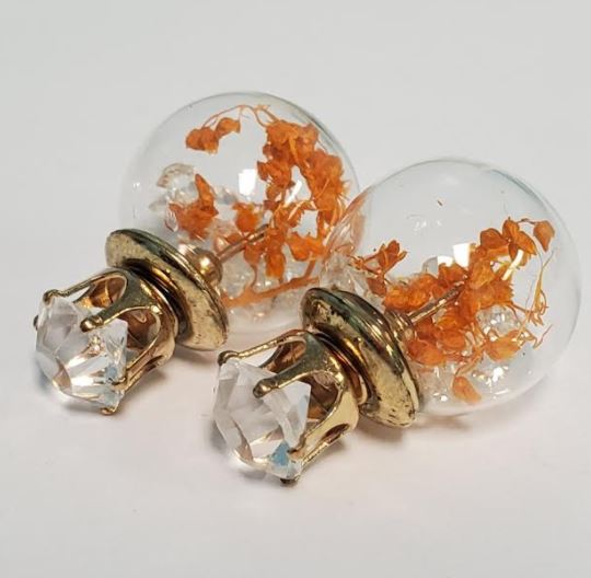 *E1029 Gold Rhinestone Gem Orange Vine Filled Ball Earrings - Iris Fashion Jewelry