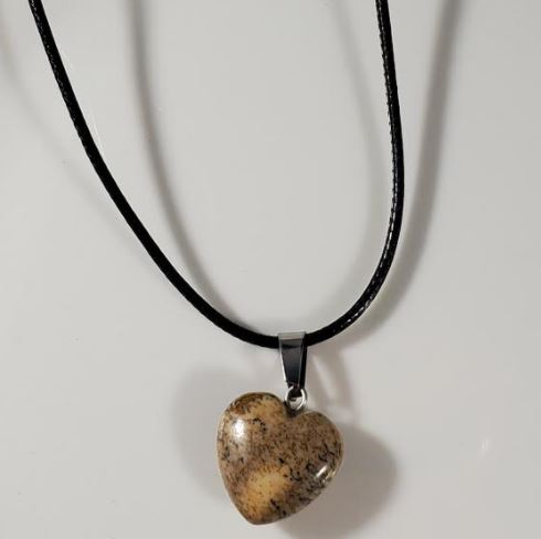 N1507 Brown & Beige Heart Natural Quartz Stone on Leather Cord Necklace with FREE Earrings - Iris Fashion Jewelry