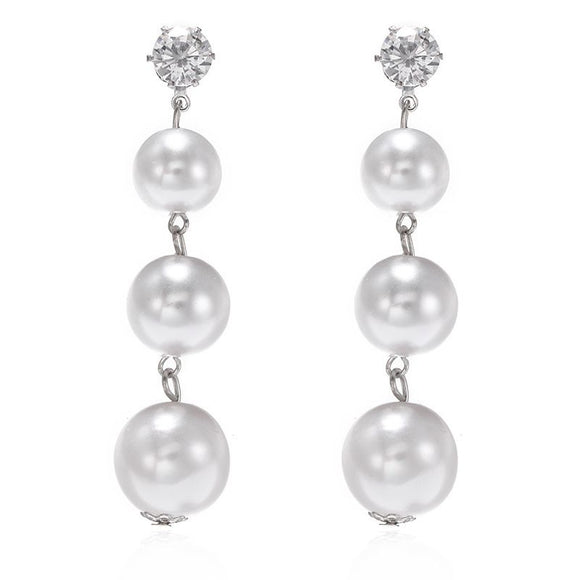 E1430 Silver Triple Pearl Dangle with Rhinestone Earrings - Iris Fashion Jewelry