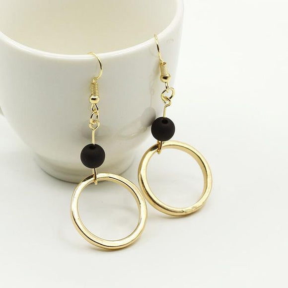 E677 Gold Hoop with Black Bead Earrings - Iris Fashion Jewelry