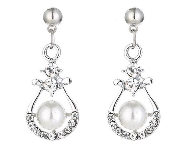 E489 Silver Rhinestone Pearl Earrings - Iris Fashion Jewelry