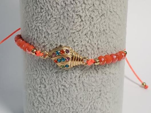 *B700 Orange Cord Bead Multi Color Rhinestone Conch Shell Bracelet - Iris Fashion Jewelry