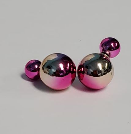 *E1252 Pink & Champagne Two Tone Double Ball Earrings - Iris Fashion Jewelry