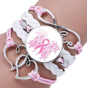 B1006 Pink & White Butterfly Ribbon Breast Cancer Awareness Leather Layered Bracelet - Iris Fashion Jewelry