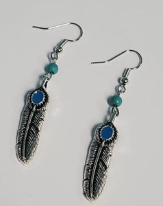 E488 Silver Feather & Blue Bead Earrings - Iris Fashion Jewelry