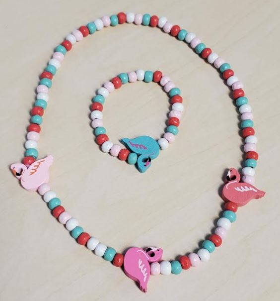 L315 Pink Flamingo Wooden Necklace & Bracelet Set - Iris Fashion Jewelry