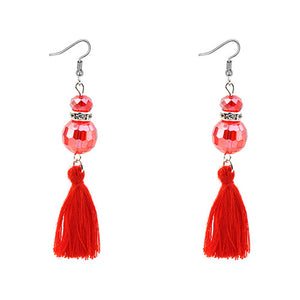 E326 Red Bead with Gems Tassel Earrings - Iris Fashion Jewelry