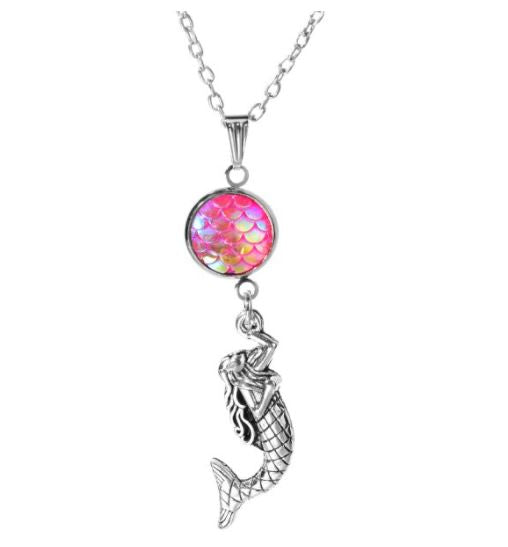 N1717 Silver Hot Pink Mermaid Fish Scale Necklace With FREE Earrings - Iris Fashion Jewelry
