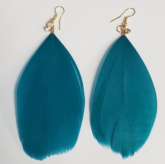 *E107 Large Turquoise Feather with Rhinestone Earrings - Iris Fashion Jewelry