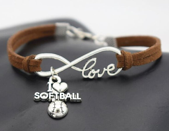 B876 Brown I Love Softball Leather Cord Bracelet - Iris Fashion Jewelry
