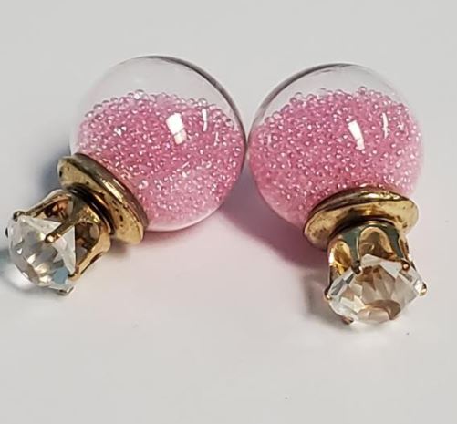 *E1058 Gold Rhinestone Light Pink Bead Filled Ball Earrings - Iris Fashion Jewelry