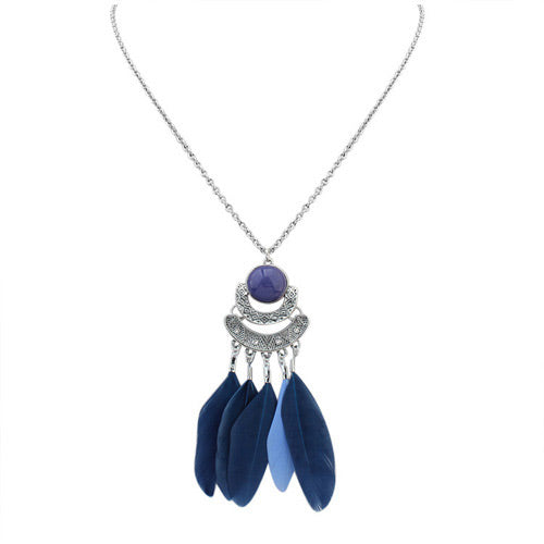 N818 Silver Blue Feather Tassel Necklace with FREE Earrings - Iris Fashion Jewelry