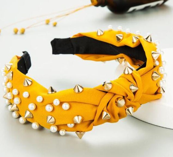 H224 Golden Yellow Pearls and Rivets Head Band - Iris Fashion Jewelry