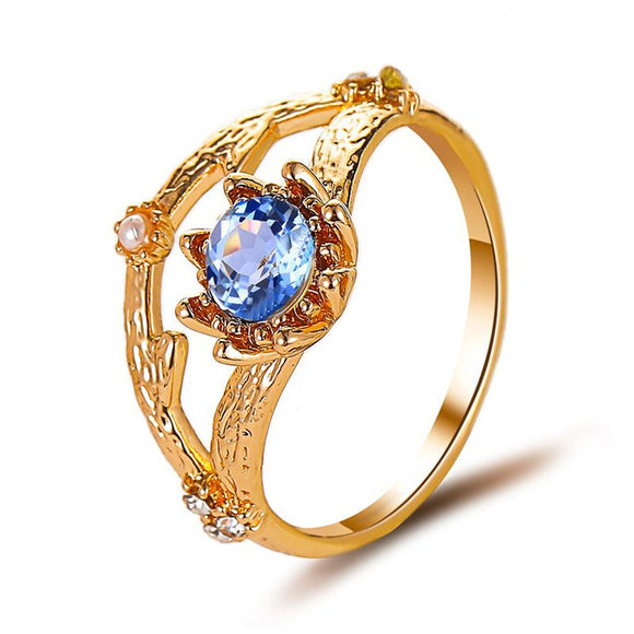 R453 Gold Blue Gemstone Flower and Pearl Ring - Iris Fashion Jewelry