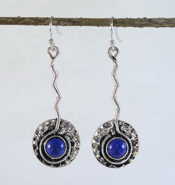E627 Silver Blue Gem Antique Look Earrings - Iris Fashion Jewelry