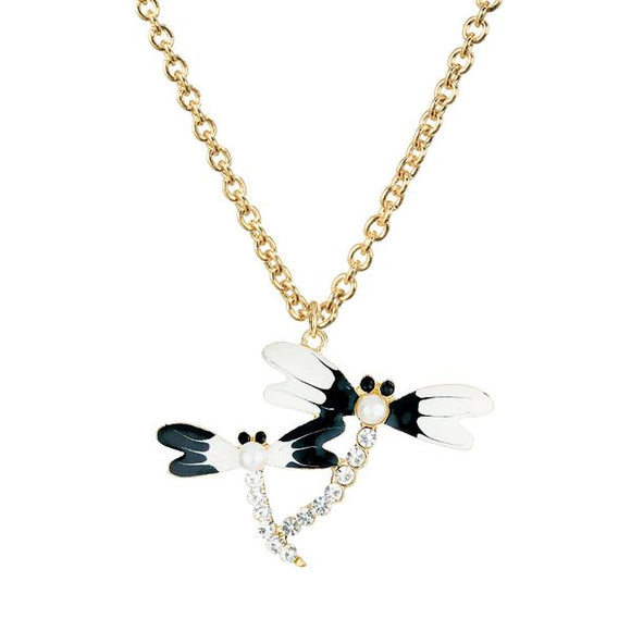 N1558 Gold Black & White Double Dragonfly Rhinestones Necklace FREE Earrings - Iris Fashion Jewelry