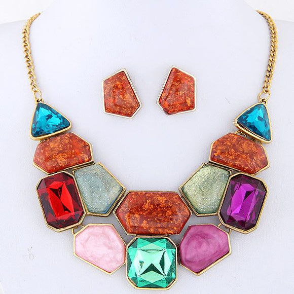 N851 Multi Color Retro Design Gem Necklace with FREE Earrings - Iris Fashion Jewelry