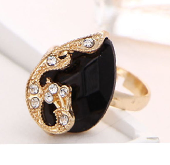 AR36 Gold Black Gemstone Peacock Adjustable Ring - Iris Fashion Jewelry