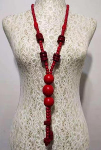 N1429 Red Triple Ball Wooden Necklace with FREE Earrings - Iris Fashion Jewelry