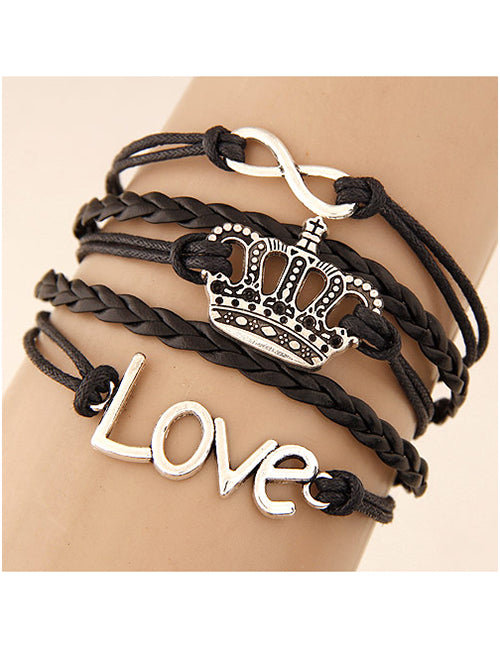 B687 Black Crown Layered Leather Bracelet - Iris Fashion Jewelry