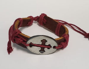 B577 Silver Cross in Oval Brown Leather Red Cord Bracelet - Iris Fashion Jewelry