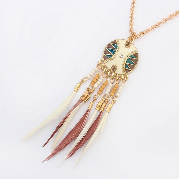 N1616 Gold Painted Enamel Feather Tassel Necklace with FREE EARRINGS - Iris Fashion Jewelry