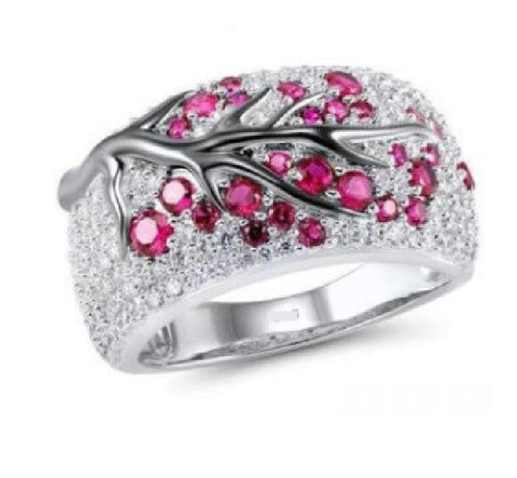 R22 Silver Pink Rhinestone Tree Design Ring - Iris Fashion Jewelry