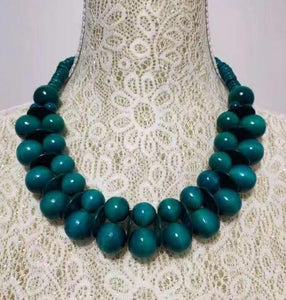 N1236 Turquoise Round Wooden Double Row Necklace with FREE Earrings - Iris Fashion Jewelry