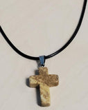 N1057 Sandy Beige Cross Natural Quartz Stone on Leather Cord Necklace with FREE Earrings - Iris Fashion Jewelry