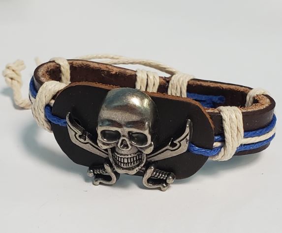 *B663 Brown Blue Cord Skull & Swords Leather Bracelet - Iris Fashion Jewelry