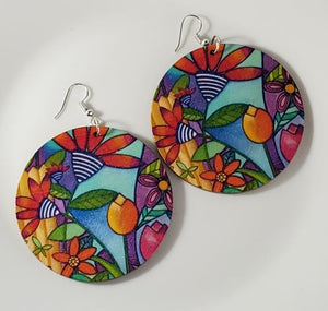 E1487 Large Round Wooden Bright Colorful Floral Earrings - Iris Fashion Jewelry