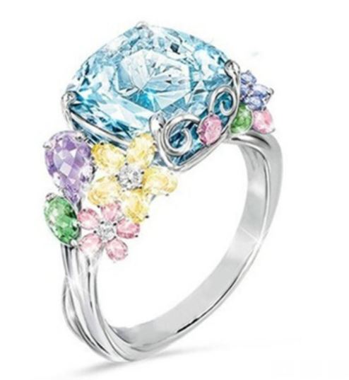 R151 Silver Light Blue Gemstone Flower Ring - Iris Fashion Jewelry