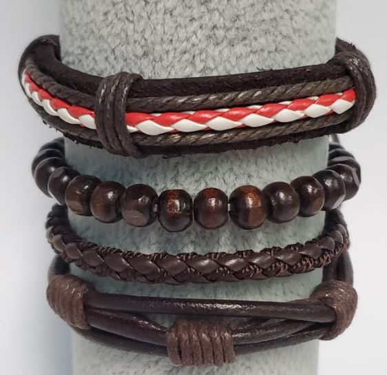 *B246 Brown Leather Red &White Wood Bead Bracelet Set - Iris Fashion Jewelry