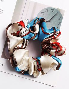 H349 Blue Satin Chain Design Hair Scrunchie - Iris Fashion Jewelry