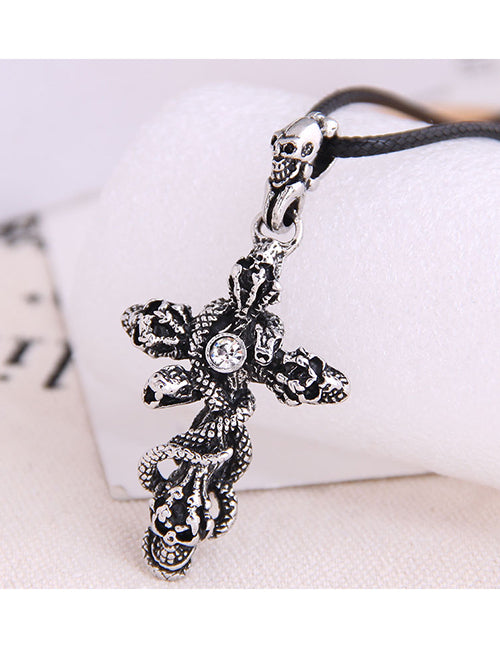 N1316 Silver Skull & Snakes Cross on Leather Cord Necklace - Iris Fashion Jewelry