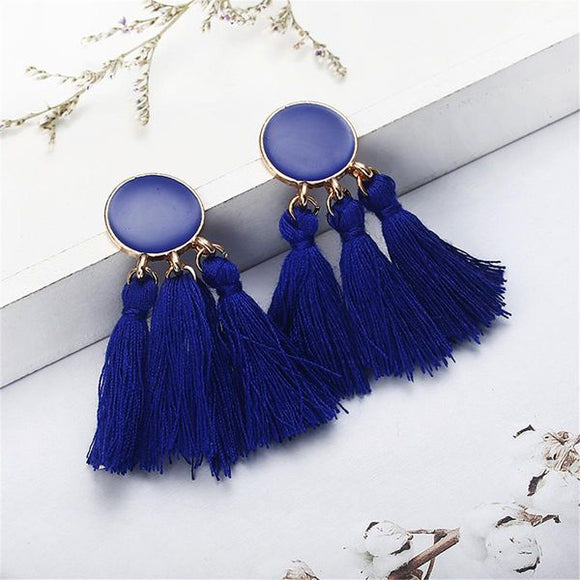 E1347 Royal Blue Baked Enamel Circle Triple Tassel Earrings - Iris Fashion Jewelry