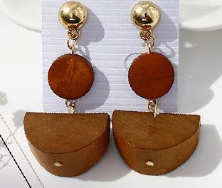 *E345 Brown Wooden Circle with Half Moon Earrings - Iris Fashion Jewelry