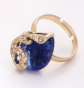 AR37 Gold Blue Gemstone Peacock Adjustable Ring - Iris Fashion Jewelry